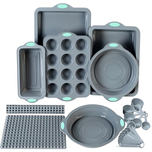 To encounter 8 in 1 Silicone Baking Set - 6 Silicone Molds - 2 Silicone Baking Mat, Nonstick Cookie Sheet, Cake Muffin Bread Pan with Grips and Metal Reinforced Frame More Strength, Light Grey