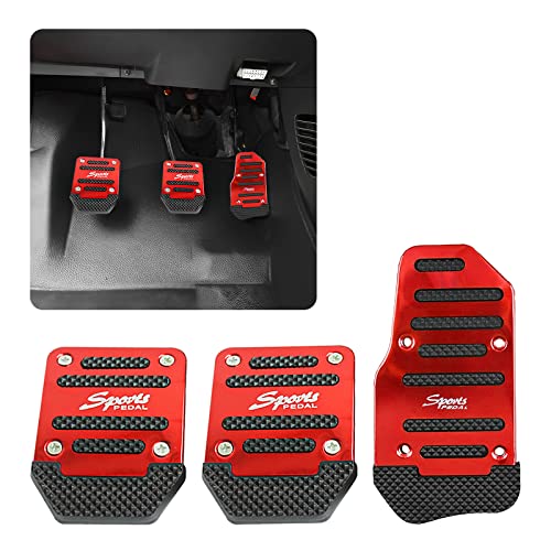 jeseny 3 PCS Car Non-Slip Aluminum Alloy Pedal Pads, Manual/Automatic Gearbox Gas Pedal Brake Pedal Cover, Anti-rubbing Car Clutch Pedal Kits, Auto Universal Replacement Accessories (Red)