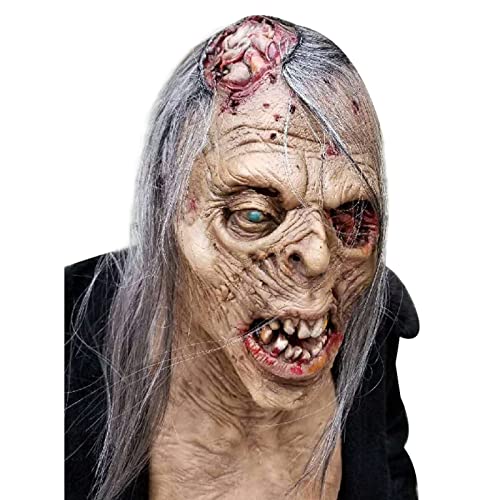 Pigmiss Halloween Scary Zombie Mask Creepy Realistic Old Man Face Mask with Long Wig Horror Full Head Latex Devil Headgear Adults