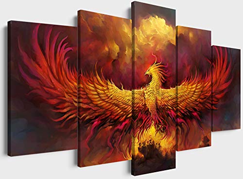 YOUHONG 5 Piece Phoenix Bird Wall Decor Animal Canvas Wall Art Bird Wall Art Animal Wall Art Cool Burning Phoenix Art Framed Ready to Hang for Bedroom Living Room Decor (50''W x 24''H)