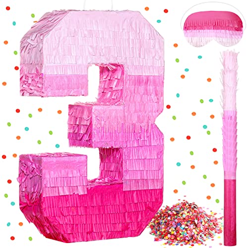 Number Pinata Number Birthday Pinata Decorations Gradient Pink Pinata with Stick Blindfold Confetti for Girls Boys Birthday Anniversary Party Decorations Supplies (Number 3)
