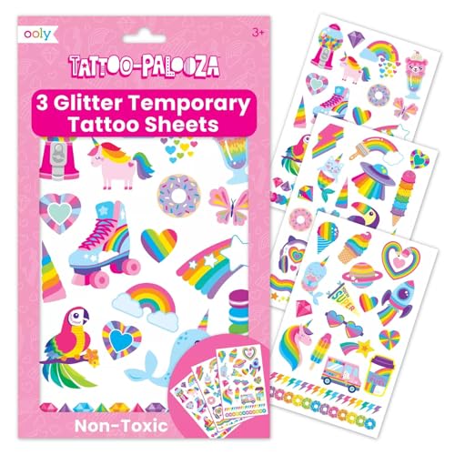OOLY Glitter Tattoo-Palooza Over 50 Safe Non-Toxic Temporary Tattoos for Kids, Fake Tattoos as Party Favors for kids 4-8, Goodie Bag Stuffers for Birthday Party Supplies [Over the Rainbow]