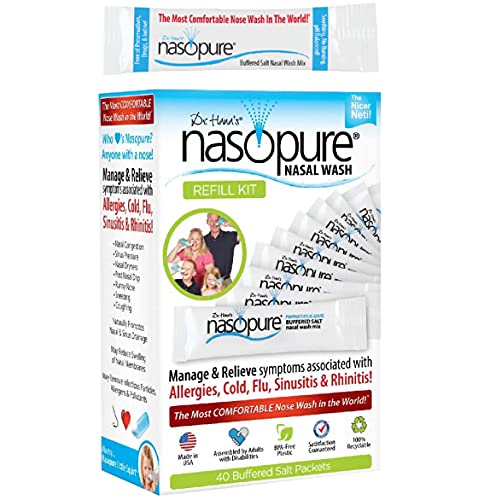 Nasopure Nasal Wash, Refill Kit, “The Nicer Neti Pot” Sinus Wash Kit, Comfortable Nasal Rinse 40 Salt Packets (3.75 Grams Each), Nasal Congestion, Cold, Flu, Allergy, Nasal Irrigation System, Lavage