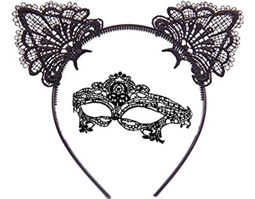 Fashion Cat Ears Headband Lace Eye Mask Costume Couples Cute Sexy Women Girl Lady Eyemask Masquerade Mask Hair Elastic Hoop for Carnival Party Prom Ball Halloween Christmas Cosplay (Black)