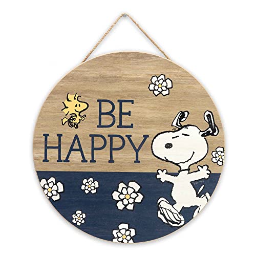 Peanuts Snoopy Be Happy Round Hanging Wood Wall Decor - Fun Snoopy Sign for Home Decorating - Great Gift Idea