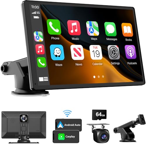 Wireless Carplay Touchscreen with 4K Dash Cam: Portable Apple Carplay & Android Auto Car Stereo, Car Audio Receivers with 1080p Backup Camera, GPS Navigation, Bluetooth (9 inches)