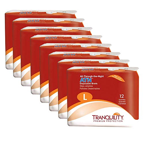 Tranquility ATN Adult Disposable Briefs with All-Through-The-Night Protection, L (45'-58') - 96 ct (Pack of 8)