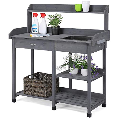 Yaheetech Outdoor Potting Bench Table Potters Benches Garden Workstation for Horticulture with Drawer/Adjustable Shelf Rack/Removable Sink/Hooks/Pads, Gray