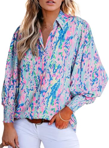 Astylish Oversized Boho Shirts for Women 2024 Spring Paisley V-Neck Blouse Button Down Bohemian Tops Dressy Casual Blue Large