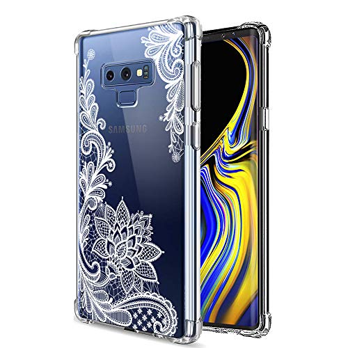 Galaxy Note 9 Case Crystal Clear with Lace Design Shockproof Protective Case for Samsung Galaxy Note 9 Cute Henna Flowers Pattern Flexible Slim Rubber White Floral Cell Phone Cover for Girls Women