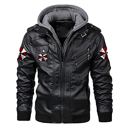 Umbrella Cosplay Men's Leather Jacket-Fall Resident Winter Evil Vintage Motorcycle Biker Coat with Removable Hood L