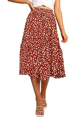 MEROKEETY Women's Boho Leopard Print Skirt Pleated A-Line Swing Midi Skirts Red Medium