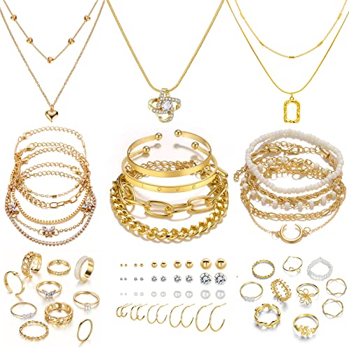 IFKM Gold Plated Jewelry Set with 5 PCS Necklace, 14 PCS Bracelet, 20 Pairs Earring, 20 PCS Knuckle Rings for Women Girls Valentine Anniversary Birthday Friendship Gift