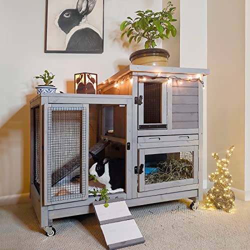 Aivituvin Wooden Bunny Hutch Indoor- Outdoor Rabbit Guinea Pig Cage for Small Animals with Exclusive Two Trays & Bottom Wire Mesh (Grey)