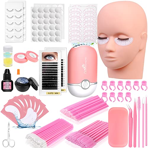 Lashes Kit for Beginner, Eyelash Extension Kit with Eye Lash Mannequin Head, Individual Lash Glue, Eyelash Remover, Fan, Extension Supplies Tools for Practice Training