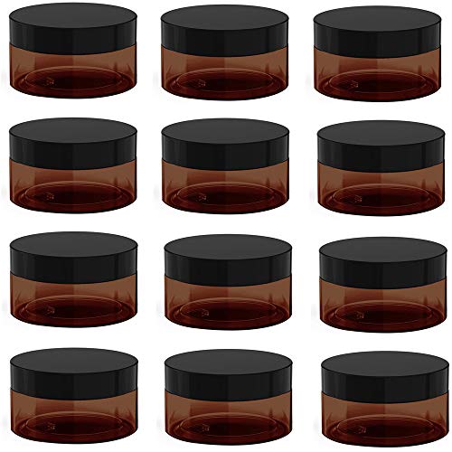 4 oz Amber Plastic Cosmetic Jars Leak Proof Container with Black Lid for Cream, Lotion, Powder, ointment, Beauty Products etc, 12 Pcs.