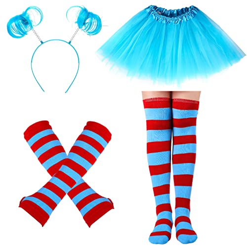 Hicarer 4 Costume Set for Women Include Red Blue Tulle Tutu Skirt Striped Socks Stretchy Gloves Ponytails Headband(Lake Blue, Large)