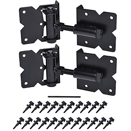 Self Closing Gate Hardware Hinges Heavy Duty for Wooden/Vinyl/PVC Fences,90 Degree Adjustable, with Installation Screws and Swing Adjuster Tool,2 Pack/Set,Black