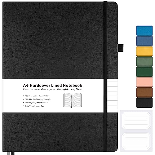 Lined Journal Notebook, 8.5' x 11' Hardcover Leather Notebook for Work, Wide Ruled Notebook Journal for Women Men, 192 Thick Paper, Lay Flat, 2 Pockets, A4 Large Journals for Writing, Black Notebook