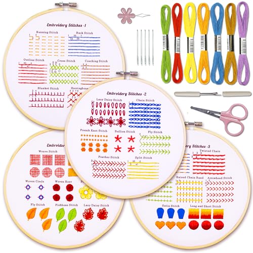 Bradove 4 Sets Embroidery Stitches Practice Kit, Embroidery Kit for Beginners with Embroidery Patterns, Beginner Embroidery Kit, Embroidery Kits for Adults, Hand Embroidery Kit for Kids
