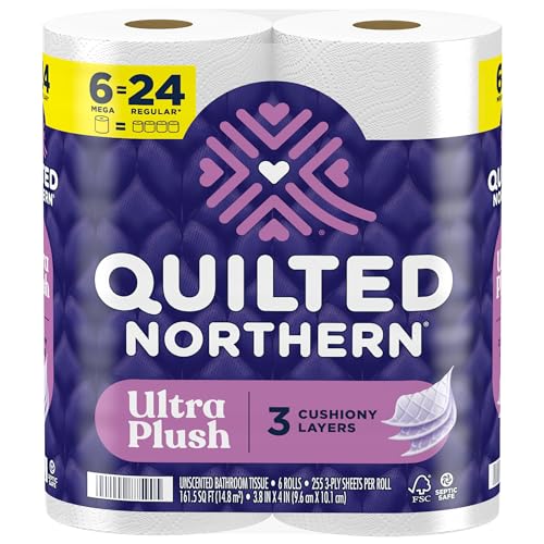 Quilted Northern Ultra Plush Toilet Paper, 6 Mega Rolls = 24 Regular Rolls, 3X Thicker*, 3 Ply Soft Toilet Tissue