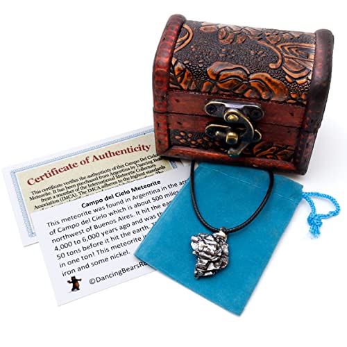 Authentic Meteorite Pendant Necklace with Adjustable Waxed Cotton Cord, Packaged in a Velvet Pouch inside Wooden Handcrafted Pirate Treasure Chest Box, Bonus Educational Card, Dancing Bear Brand.