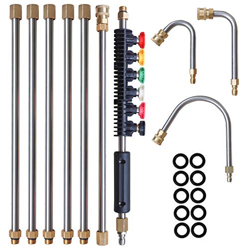 Xiny Tool Pressure Washer Extension Wand, 10 Pack Power Washer Lance with 5 Atomization Nozzle Tips,1 Gutter Cleaner Attachment Curved Rod, 1/4' Quick Connect, 4000 PSI