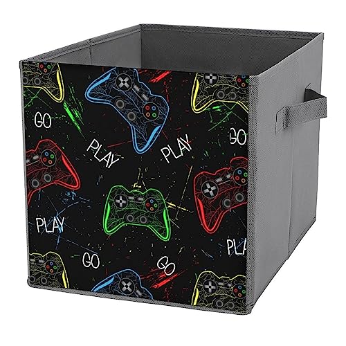 DamTma Storage Cubes Neon Game Joystick 11 Inch Cube Storage Bin with Handles Video Game Player Fabric Collapsible Cube Baskets for Shelf Toys Clothing Books