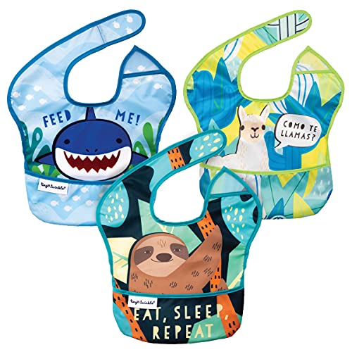 Tiny Twinkle Mess-Proof Baby Bib - Waterproof Bib for Baby Boy or Girl - Machine Washable - Adjustable Closure - PVC BPA & Phthalate Free -Great for Travel - Baby Food Bibs (3 Pack, Sloth, Shark,