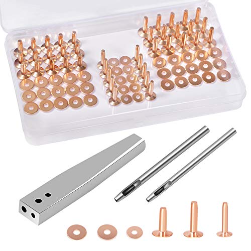 JUNESunShine 84Pcs, Copper Rivets and Burrs, 9 and #12 Burrs Setter, Leather Rivets Fastener Install Setting Tool with 4mm Leather Hole Punch Cutter for Belts Wallets Collars Leather Working Supplies