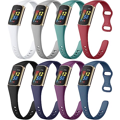Maledan 8 Pack Band Compatible with Fitbit Charge 5 Bands/Charge 6 Bands for Women Men, Soft Silicone Adjustable Sport Slim Waterproof Replacement Wristband for Fitbit Charge 6 & 5 Fitness Tracker