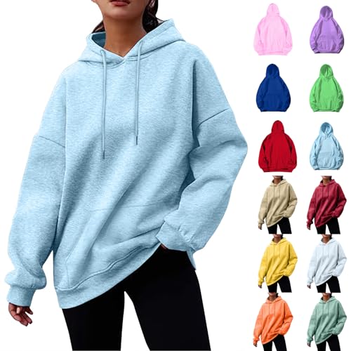 Oversized Hoodies for Women Winter Fleece Hoodie Pullover Casual Soft Drawstring Sweatshirt for Teen Girls with Pockets Comfy Lightweight Ribbed Hem and Cuffs Long Sleeve Drop Shoulder Blue Hoodie