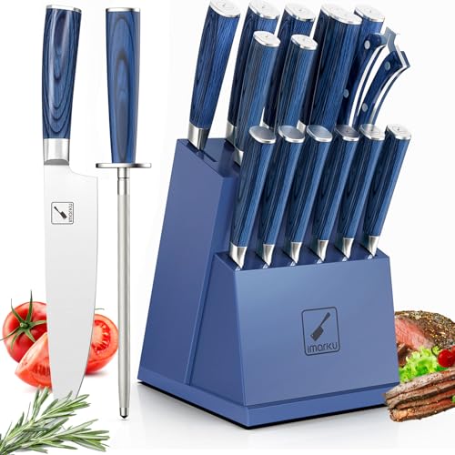 imarku 16-Piece Kitchen Knife Set with Block, German Stainless Steel Knife Sets for Kitchen with Sharpener & 6 Steak Knife Set, Ultra Sharp Cutlery Gift Sets, Blue