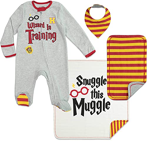 Harry Potter Newborn Baby Boy or Girl Zip Up Sleep N' Play Coverall Bib Blanket and Burp Cloth 4 Piece Outfit Set 0-6 Months