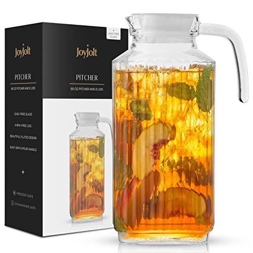 JoyJolt 60oz Glass Pitcher with Lid (2 Lids) - Beverage Serveware and Storage Container for Hot Liquids or Cold Drinks. Fridge Pitcher, Juice Container, Water Jug, Iced Tea Pitcher or Milk Pitcher