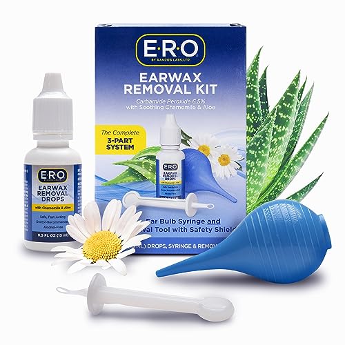 E-R-O Earwax Removal Kit for Complete Ear Care, with Carbamide Peroxide Earwax Removal Drops (0.5 fl oz), Ear Bulb Syringe and Ear Wax Removal Tool with Safety Shield
