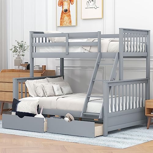 Merax Convertible Wood Bunk Bed with Ladders and Two Storage Drawers,Solid Wood Detachable Bunk Bed Frame with Ladders,Twin Over Full Size,Gray