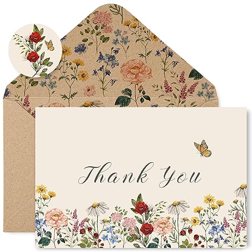 AnyDesign 24 Pack Wildflower Thank You Cards Bulk Vintage Flower Greeting Cards with Kraft Envelope Sticker Retro Floral Blank Note Cards for Birthday Wedding Baby Shower Bridal Shower, 4 x 6 Inch
