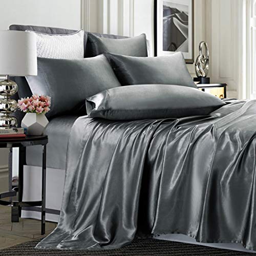 TREELY 6 Piece Satin Sheets Queen Size Silky Smooth Grey Satin Sheet Set with Deep Pocket, Satin Fitted Sheet, Flat Sheet, 4 Satin Pillowcase