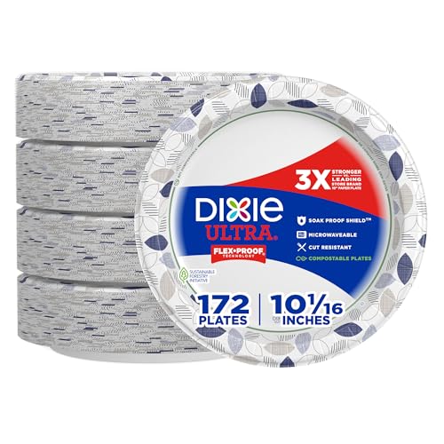 Dixie Ultra, Large Paper Plates, 10 Inch, 172 Count, 3X Stronger*, Heavy Duty, Microwave-Safe, Soak-Proof, Cut Resistant, Disposable Plates For Heavy, Messy Meals (Design May Vary)