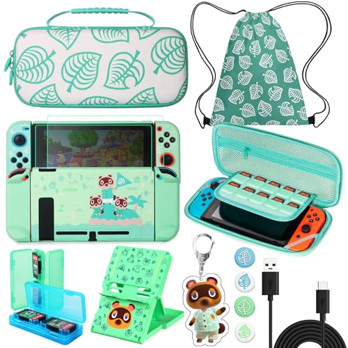 TIKOdirect Carrying Case for Switch, Cute Portable Travel Bag Accessories with Protective Case, Screen Protectors, Stand, Game Card Case and Thumb grip caps[Keychain Gift], Animal Crossing