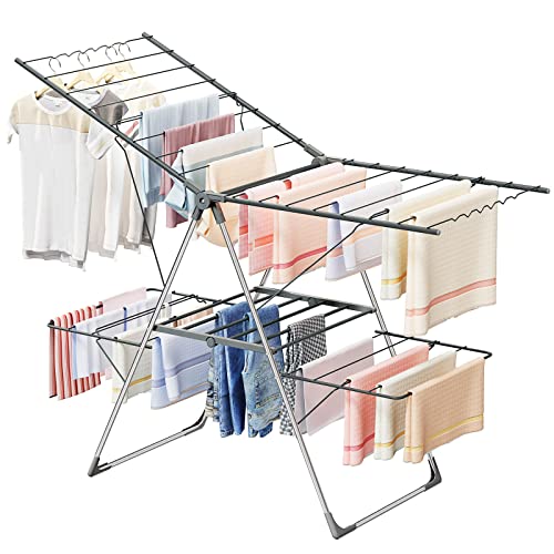 Bigzzia Clothes Drying Rack Foldable, 2-Level Large Laundry Drying Rack Collapsible, Stainless Steel Drying Rack Clothing for Indoor Outdoor, Easy to Fold, 33 Drying Rails, 142cm