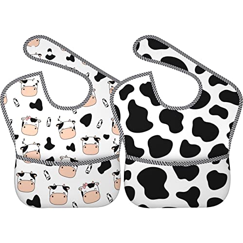 Qwalnely Cow Print Baby Stuff 2Packs Baby Bibs for 3-24 Months Waterproof Washable Fabric for Boys Girls Stuff, Newborn Toddler Bibs