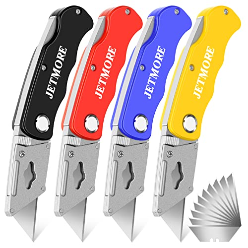 JETMORE 4 Pack Folding Utility Knife with Extra 10Pcs Blades, Box Cutters for Home, Office, Warehouse, Durable Razor Knife, Box Knife, Box Opener, Small Box Cutter with Clip, Navajas de Trabajo