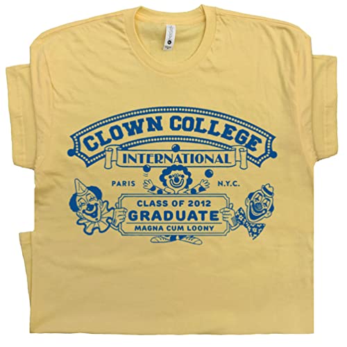 XL - Clown College T Shirt Funny Clown Tshirts Vintage Circus for Men Women Kids Cool Graphic Tee Retro Silly Novelty Fun Yellow
