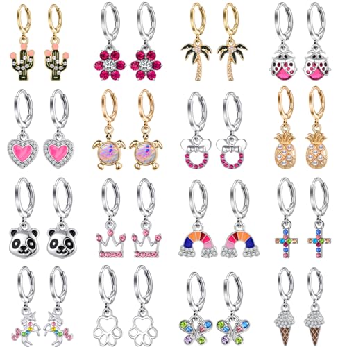 Aganippe 16 Pairs Hypoallergenic Acrylic Dangle Hoop Earrings Cute Multiple Colour Flower Flag Panda Pineapple Beetle Fruits Food Cartoon Dangle Hoop Earrings for Little Girls