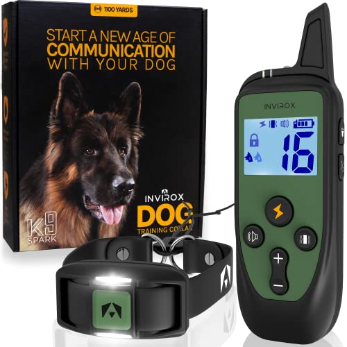 INVIROX Shock Collar for Large Dog [Spark K9] 124 Levels with Remote 1100yd Range, Night-Light Mode for Medium Dogs IP67 Waterproof Training Collar for Dogs