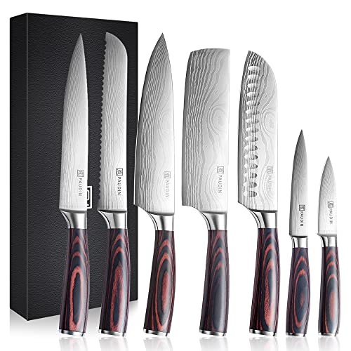 PAUDIN 7 Pieces Chef Knife Set, Professional Knives Set for Kitchen, Sharp High Carbon Stainless Steel Blade and Pakkawood Handle with Gift Box