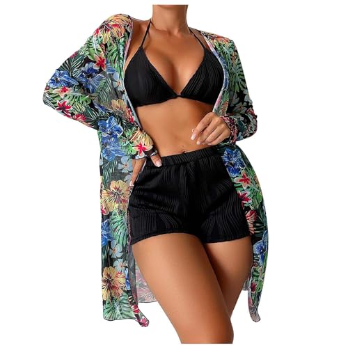 Prime Shopping Online Women's Beach Vacation 3 Piece Swimsuit Sexy Halter String Tankini Bathing Suit with Hawaiian Floral Beach Cover Ups trajes de ba?o para Mujer Black