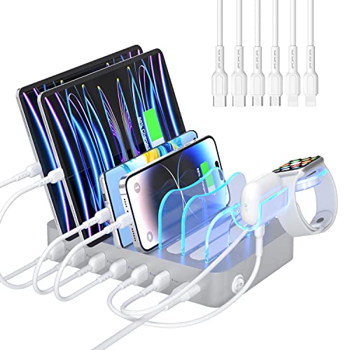 SooPii Premium 6-Port USB Charging Station Organizer for Multiple Devices, 6 Short Charging Cables and One Upgraded i-Watch Charger Holder Included, for Phones,Tablets and Other Electronics, Silver